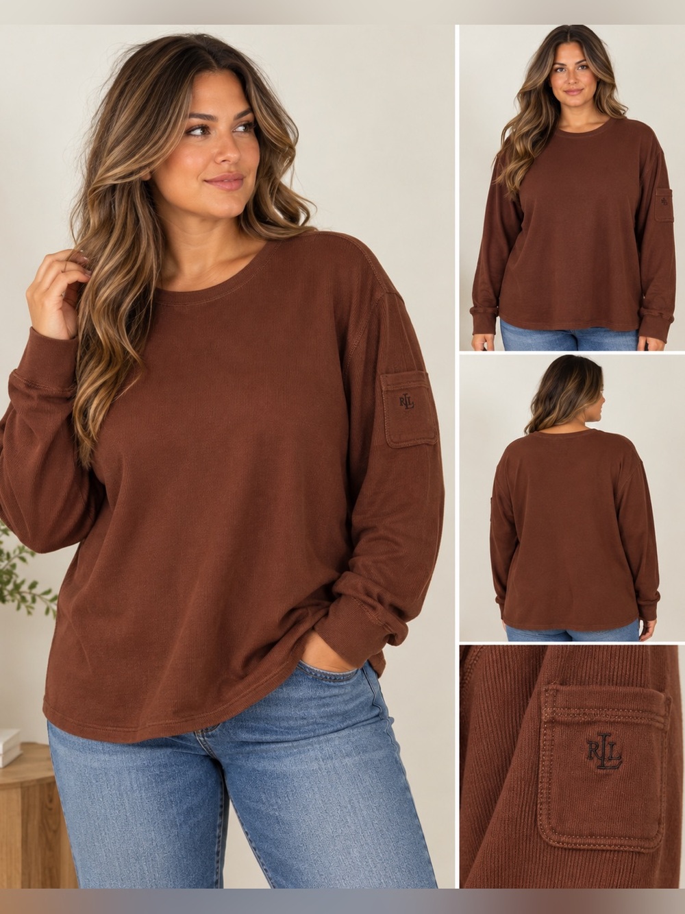 Lauren Ralph Lauren 3X Brown Cotton Long Sleeve Crewneck Top Sleeve Pocket